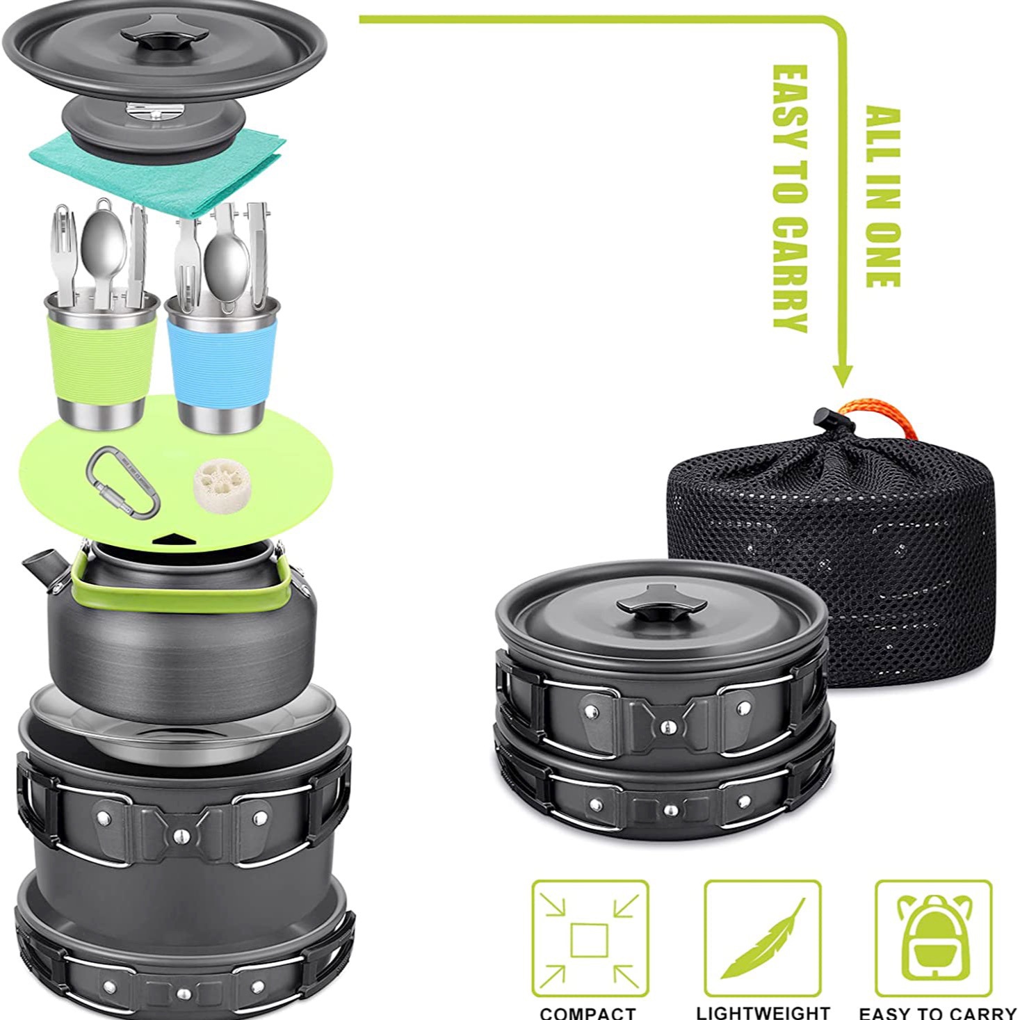Camping Cooking Set With Kettle - Outdoor Camping kookset met waterkoker, 304
