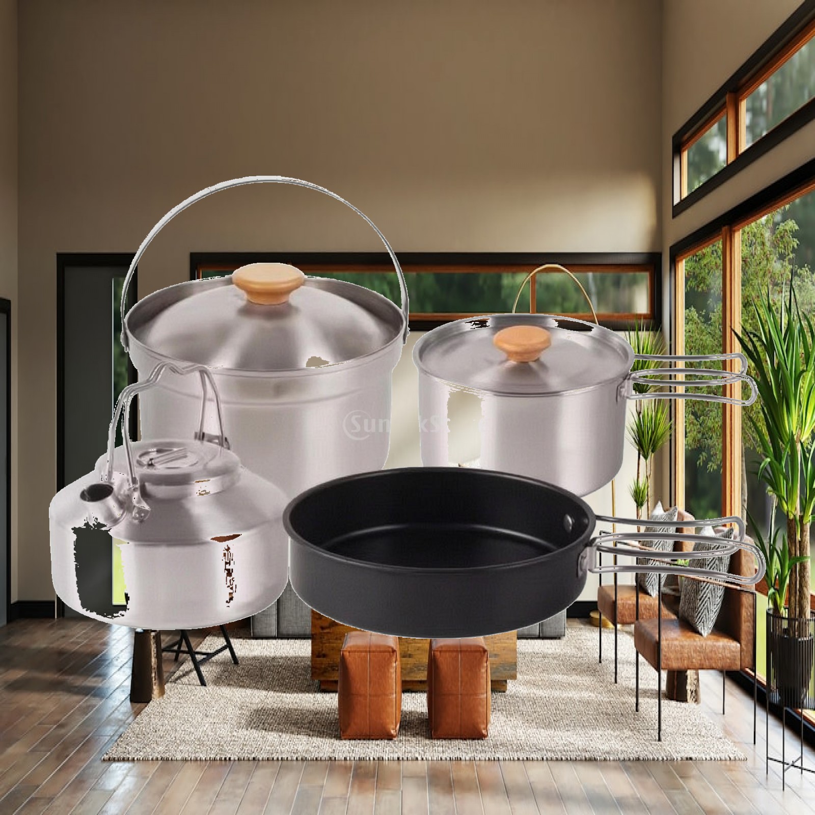 Camping Cooking Set With Kettle - 4-delige roestvrijstalen kookset voor kamperen, nestbare
