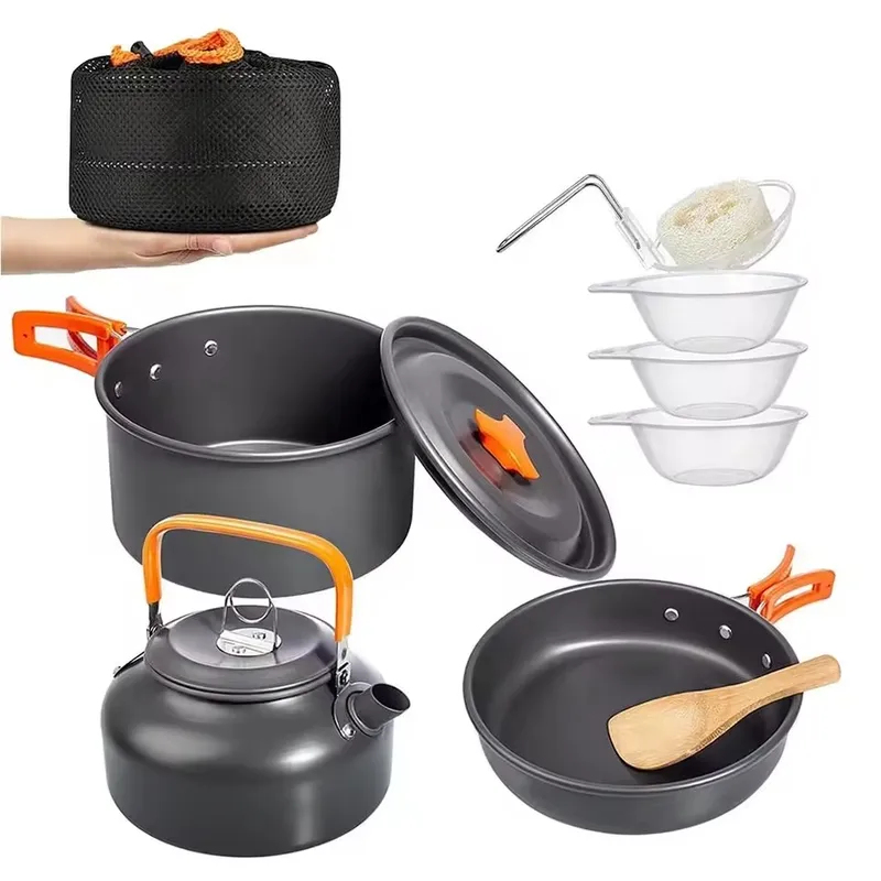 Camping Cooking Set With Kettle - Outdoor kampeer-set van aluminiumlegering, driedelig, draagbaar,
