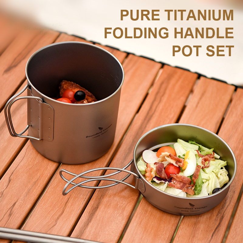 Camping Lightweight Cooking Pot - Pure Titanium Opvouwbare Handvat Pot Set,